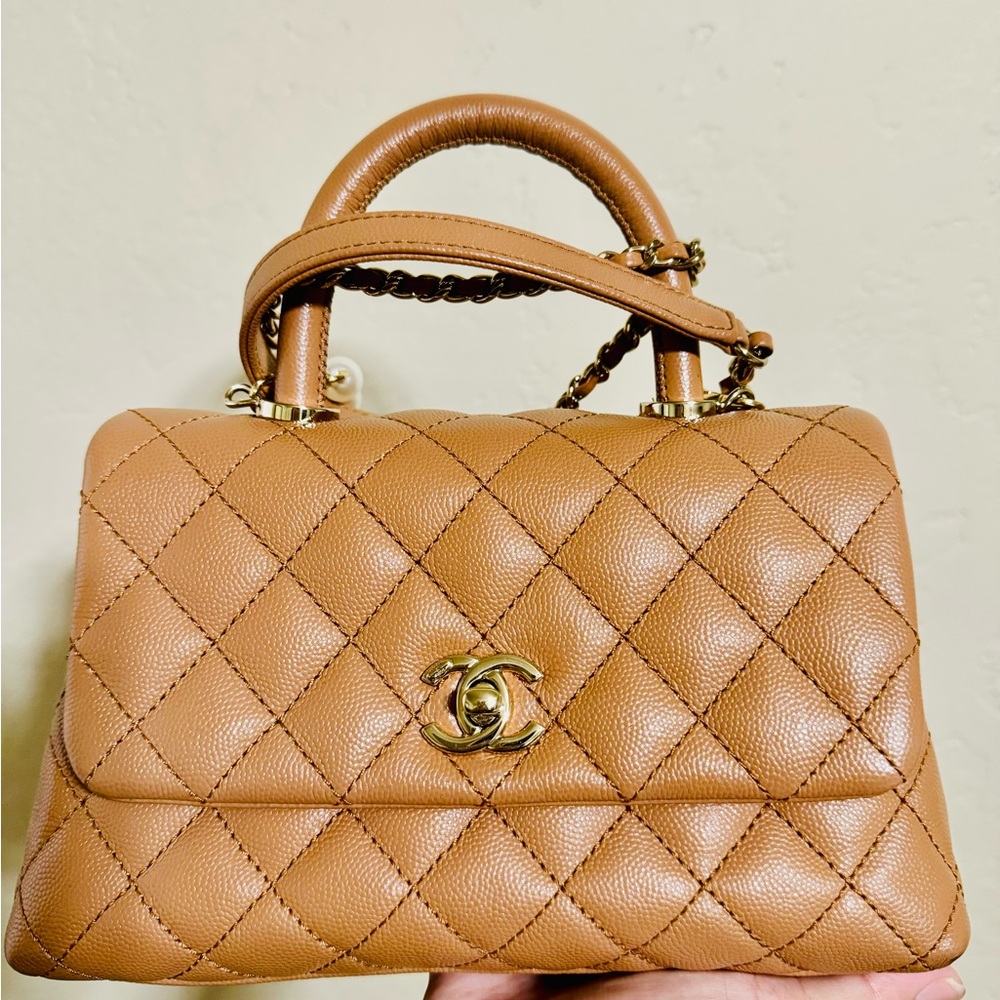 Authentic Chanel mini coco crossbody bag Brown Quilted Leather
